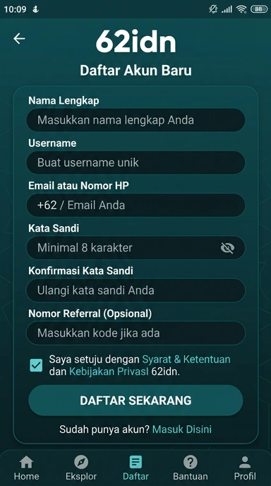 Tampilan halaman daftar 62idn